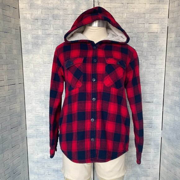 Boston Traders Hooded Jacket Button down Navy blue/ Red Plaid Sherpa size‎ S - Picture 1 of 6